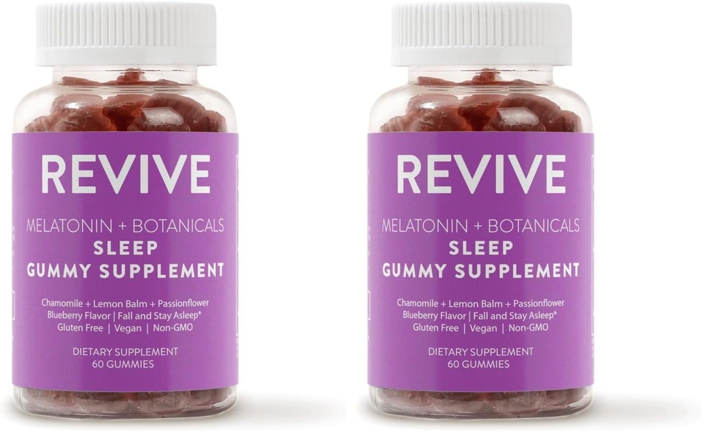 REVIVEEO Melatonin & Botanicals Sleep Gummy Supplement by Revive Essential Oils with Chamomile, Lemon Balm & Passionflower - 5 mg Melatonin - Blueberry Flavored (Pack of 2)