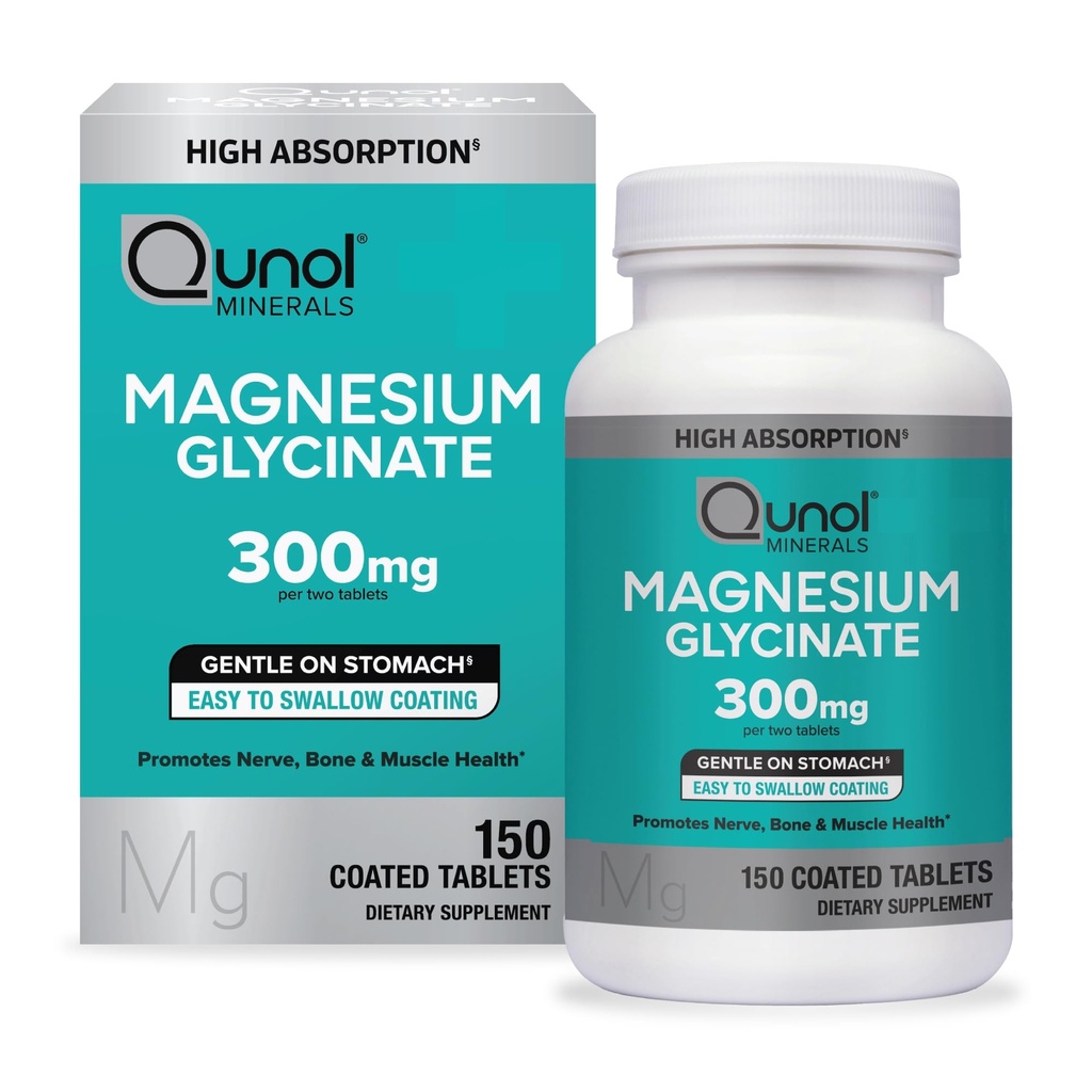 Qunol Magnésium Glycinate 300mg, 100% Glycinat Supplément de magnésium chélaté, comprimés de 150ct
