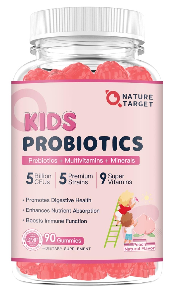 Probiotics for Kids, Kids Probiotic-Multivitamin Gummies with 5 Billion CFUs for Digestive Health & Immune Support, with Vitamins, Prebiotics, Minerals for Children, Natural Peach Flavor, 45 Servings
