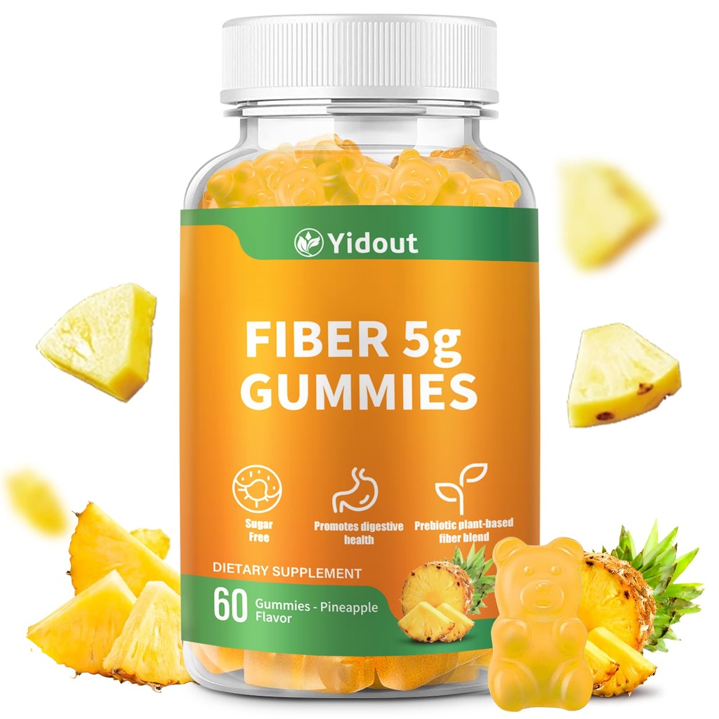 Fiber Gummies for Adults with Probiotics，No Sugar Added Pineapple Flavor, Promotes Gut Health and Regulate Bowel Movement, Vegan (60 Count（Pack of 1）)