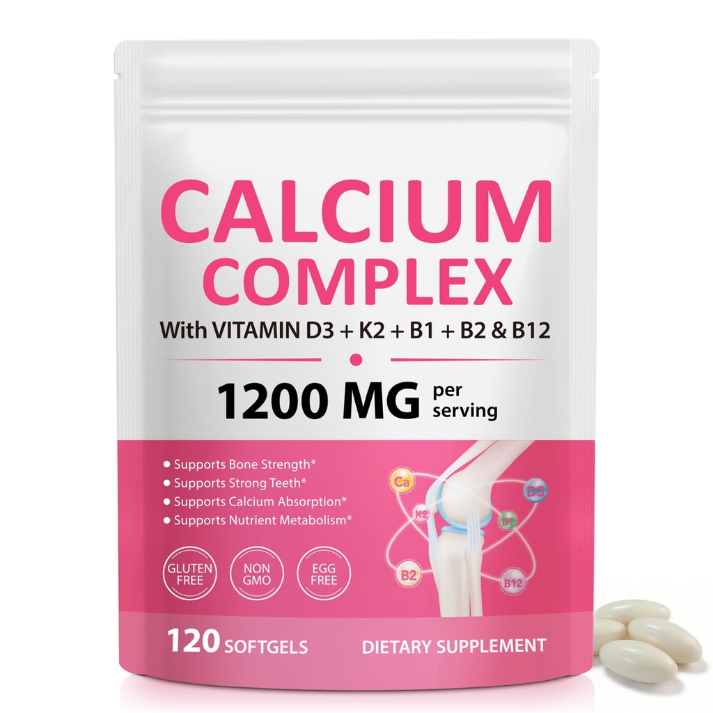 Calcium 1200mg with Vitamin D3 & K2 Softgels, High Absorption Calcium Supplement for Bone & Teeth Support, Daily Calcium for Women Men & Seniors, Easy to Swallow, 120 Softgels