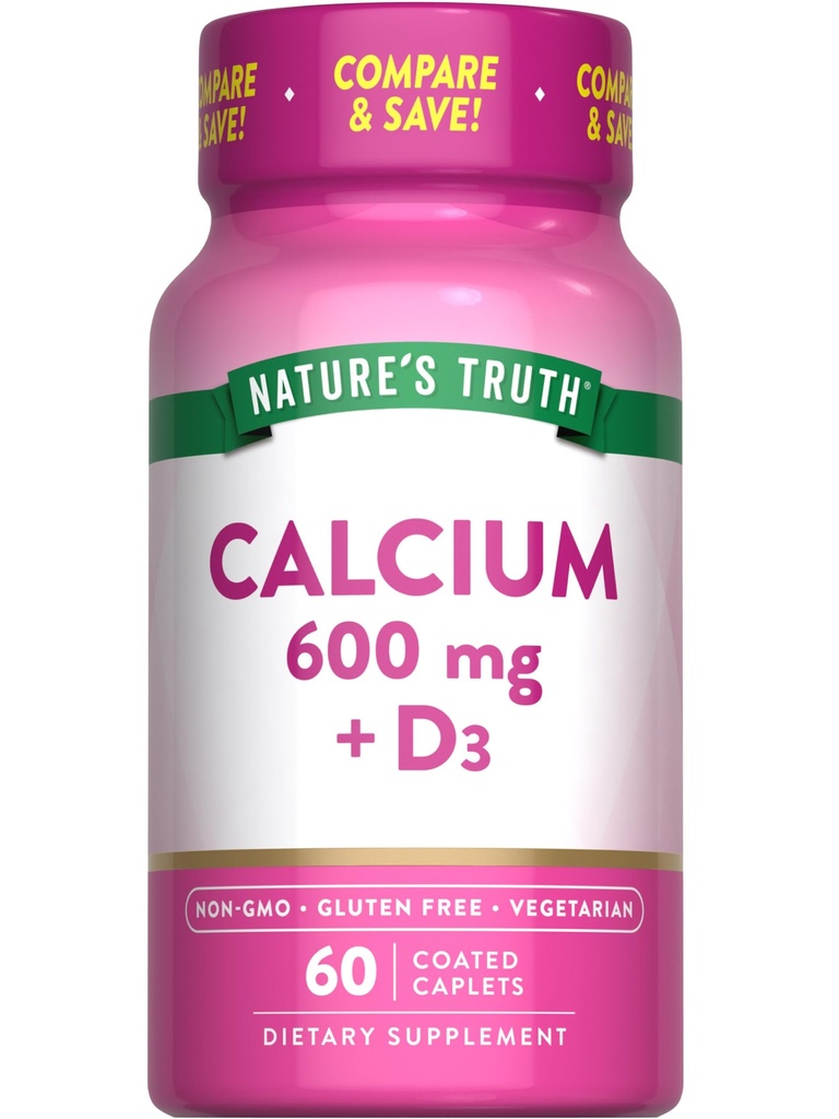 Nature's Truth Calcium 600 mg with Vitamin D3 | Coated Caplets | Calcium Carbonate | Vegetarian, Non-GMO & Gluten Free Supplement