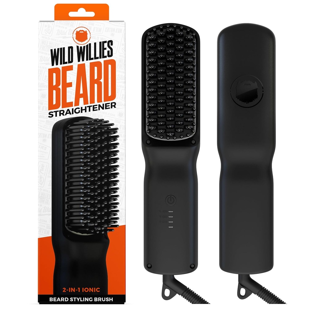 Wild Willies Redresseur de barbe pour les hommes - 3 paramètres de température, brosse de barbe chauffée en céramique de tourmaline et peigne chaud - Portable, technologie ionique, cheveux grossiers et bouclés, 400F - outil de toile