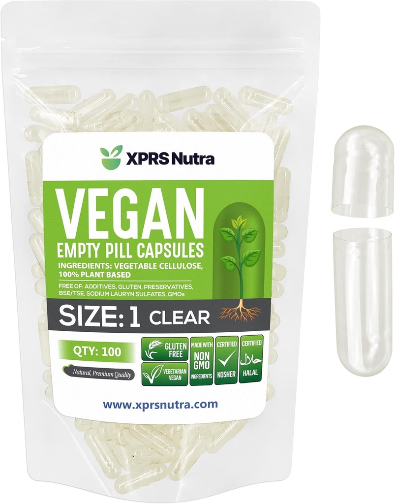XPRS Nutra Taille 1 Capsules vides - 100 Compter Capsules vides de végétalien - Pilules végétariennes - Garniture de capsules végétales bricolage- Bouchons de pilules pour les suppléments Do-It-Youlf