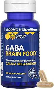 GABA Brain Food - Supplément GABA avec extrait de L-Citrulline et de Grape - Supports Calme et Relaxation - Aide au sommeil nocturne - Supports Production d'acide aminobutyrique Gamma - 60 Capsules de L-Citrulline