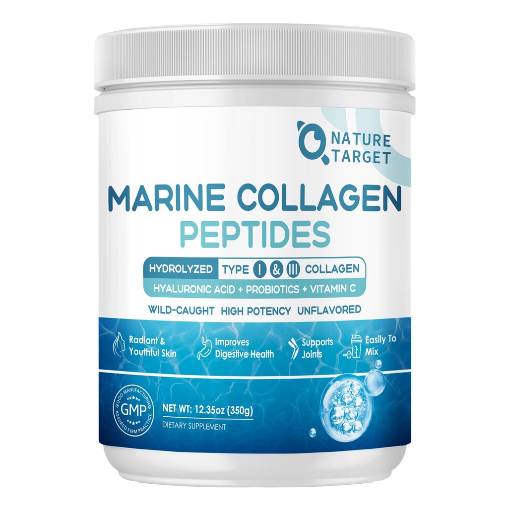NATURE TARGET Poudre de peptides de collagène marin - Collagène de type I et III avec probiotiques, vitamine C et acide hyaluronique pour la peau, les cheveux, les ongles, les poissons sauvages et la viande de boeuf, 35 portions