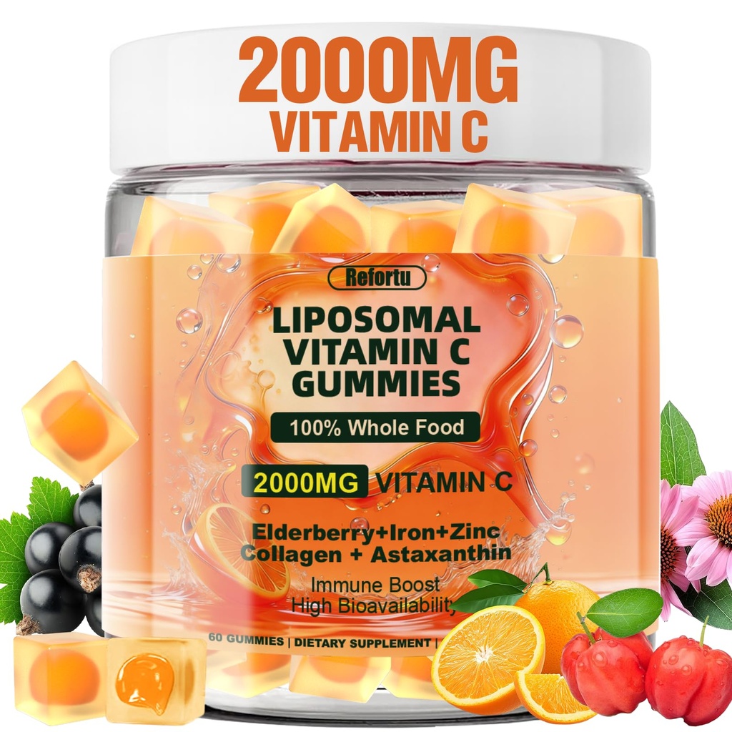 Liposomal Vitamin C 2000mg Gummies for Adults, Vitamin C Chewable Supplement with Iron, Zinc, Elderberry, Astaxanthin, VE - Immune Support, Energy & Collagen Boost, Sugar Free, 60 Count, Orange Flavor
