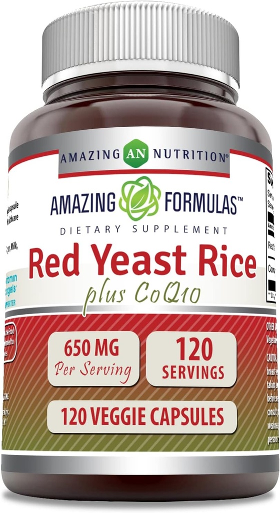 Formules étonnantes Red Yeast Rice 600 Mg Plus Co Q-10 50 Mg 120 Capsules végétariennes