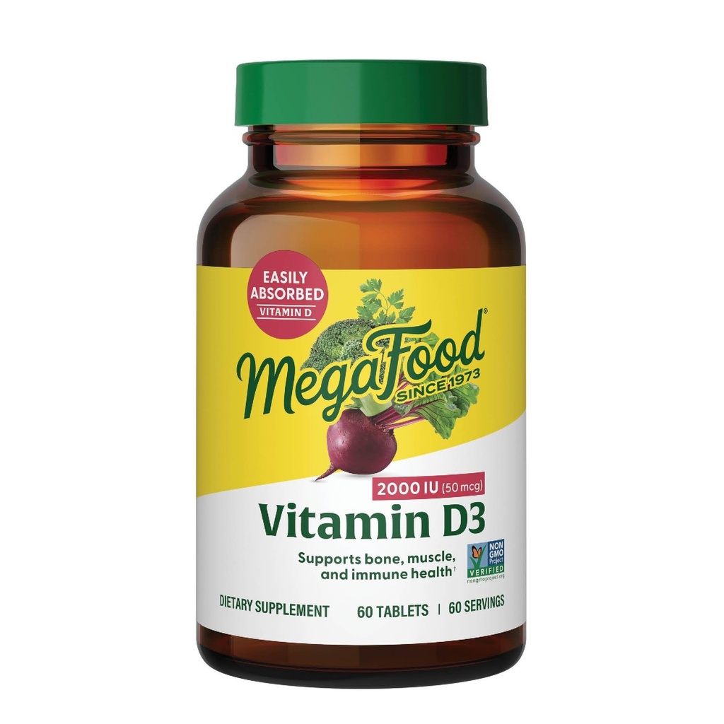 MegaFood Vitamin D3 2000 IU (50 mcg) - Vitamin D Supplements with Real Food, Immune Support, Supports Bones, Teeth & Muscles, Vegetarian, Certified Non-GMO, Kosher – 60 Tablets, 60 Servings