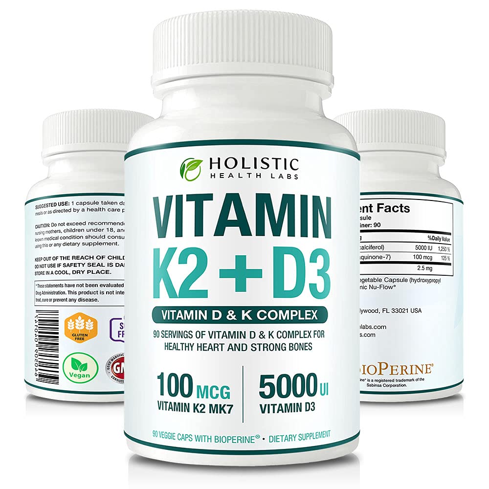 Max Absorption Vitamine K2 + D3 (5000UI) 90 Capsules de Véggie de MK-7 (Menaquinone-7) et Cholecalciferol (avec BioPerine) Approvisionnement de 3 mois – D3 avec K2 pour le coeur sain et les os forts.