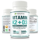 Max Absorption Vitamine K2 + D3 (5000UI) 90 Capsules de Véggie de MK-7 (Menaquinone-7) et Cholecalciferol (avec BioPerine) Approvisionnement de 3 mois – D3 avec K2 pour le coeur sain et les os forts.