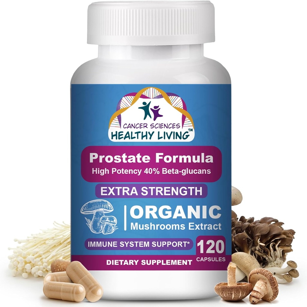 Cancer Sciences Prostate Wellness Suppléments pour hommes, USDA Certified Organic Mushrooms Extract, Extra Strength 1 500 mg, High Potency 40% Beta-Glucans, Immune, Anti-Aging, Antioxydants, 120 Capsules