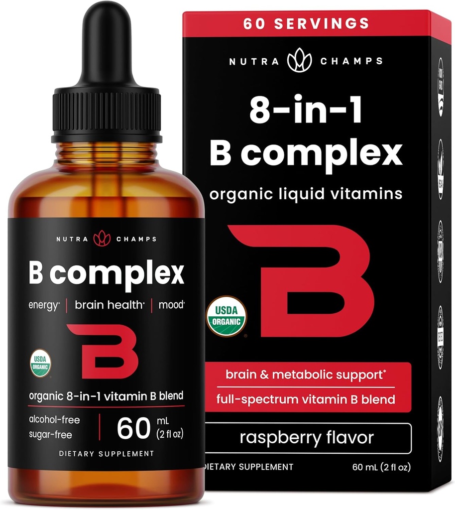 USDA Biologique Vitamine B Complexe Liquid Drops (complément complexe de vitamines B) avec B1, B2, B3, B6, B7, B9 et Méthyl B12 Drops pour adultes et enfants