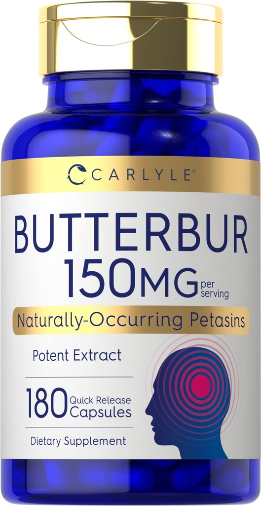 Carlyle Butterbur 150 mg de 180 capsules Extrait de potentum Supplément de soutien neurologique , sans OGM, sans gluten, sans PA