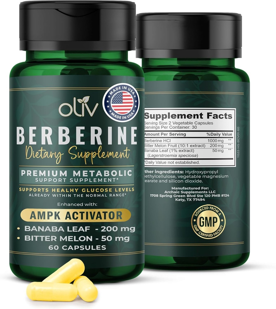 oliv Pure Berberine Supplement Capsules – Berberine HCI 1000mg - Soutien métabolique naturel avec 200mg Extrait de fruits à mélône amère et 50mg Banaba Leaf – 2 capsules de légumes par jour (30 portions)