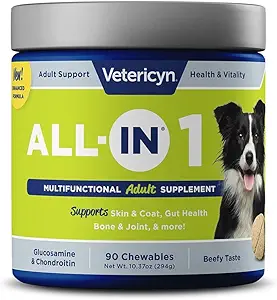 Vetericyn All-in 1 Multifunctional Dog Supplement | Digestive Enzymes + Glucosamine and Chondroitin for Bone and Joint Support + Vitamins, Antioxidants, Prebiotics, Probiotics, and Omegas. 90 Count