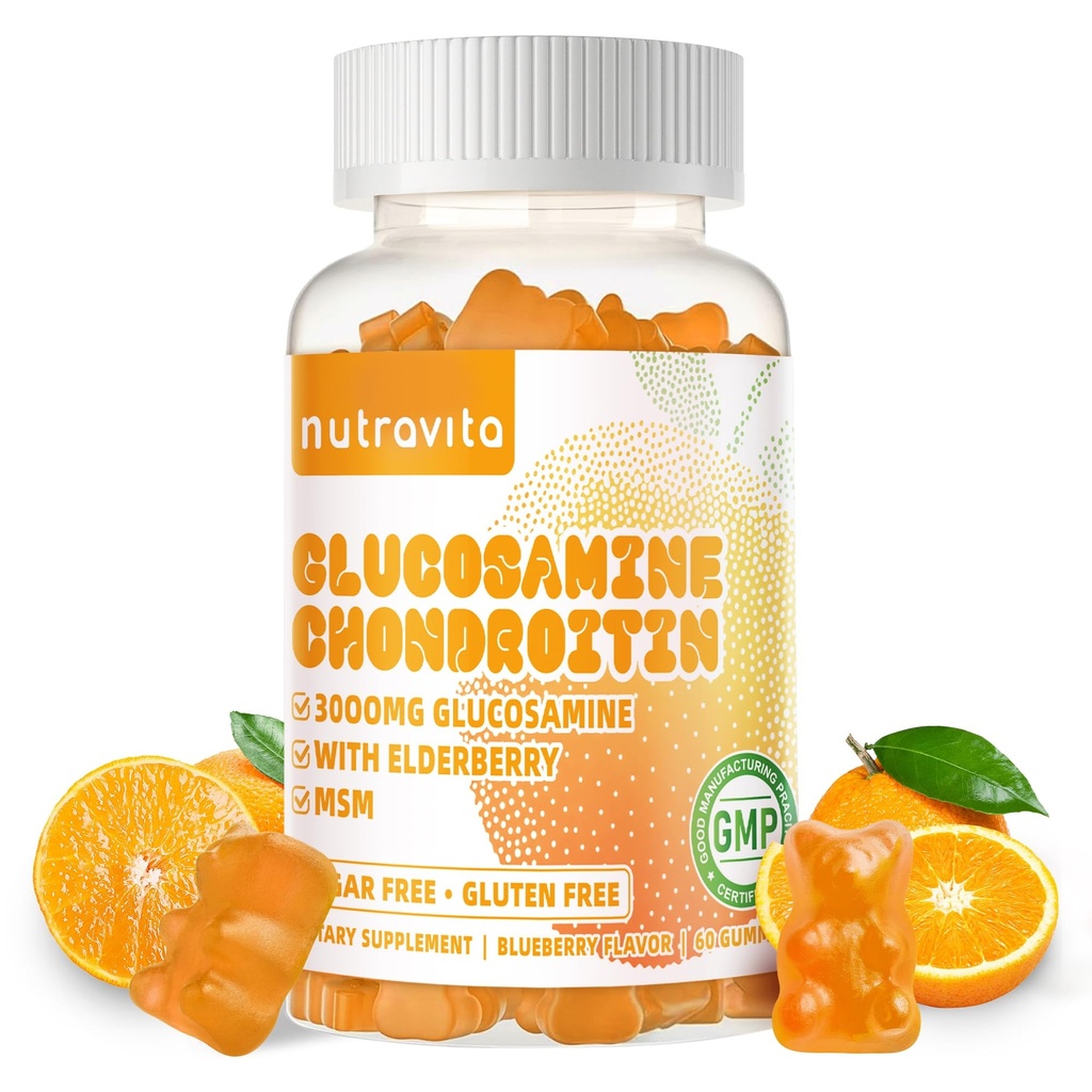 Nutravita Glucosamine Chondritine Gommies avec MSM & Elderberry Extra Strength - Soutien articulaire, Supplément de soutien immunitaire antioxydant pour adultes, hommes et femmes.60 Orange Chews