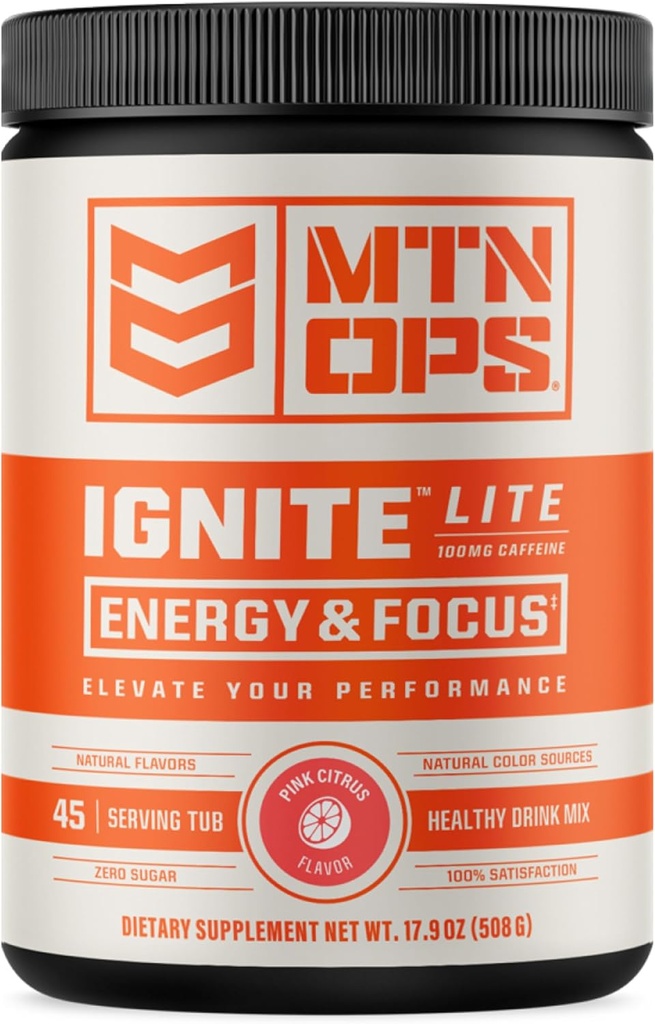 MTN OPS Ignite Lite Energy Drink Powder Gluten Free Nitric Oxide Complement Drink Mix, L Arginine, L Citrulline, Caféine et Nootropic Sugar Drink Free Mix, 45 portions, Citrus rose
