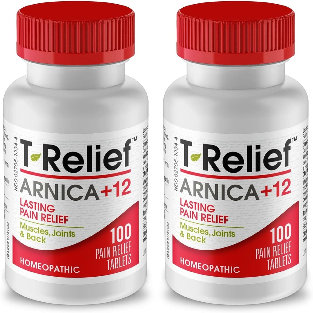 T-Relief Arnica +12 actifs naturels de soulagement pour la douleur du dos Douleurs musculaires articulaires et étourdissement, corps entier soulagement rapide d'action pour les femmes et les hommes - 100 comprimés (2 pack)