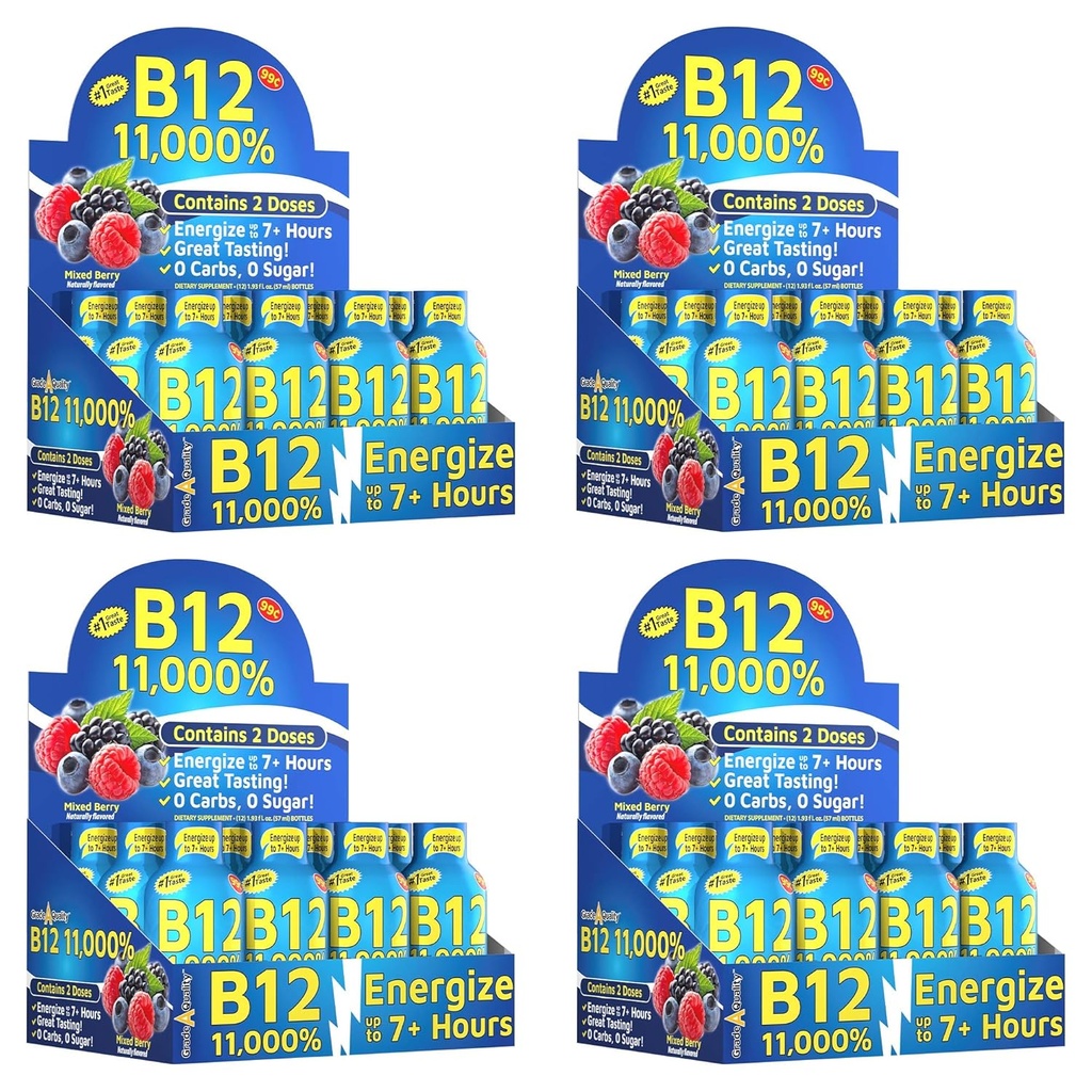 Qualité de grade A, B12 Mélange d'arôme de baie, jusqu'à 7+ Heures d'énergie, 1,93 Fl Oz, 48 Compte
