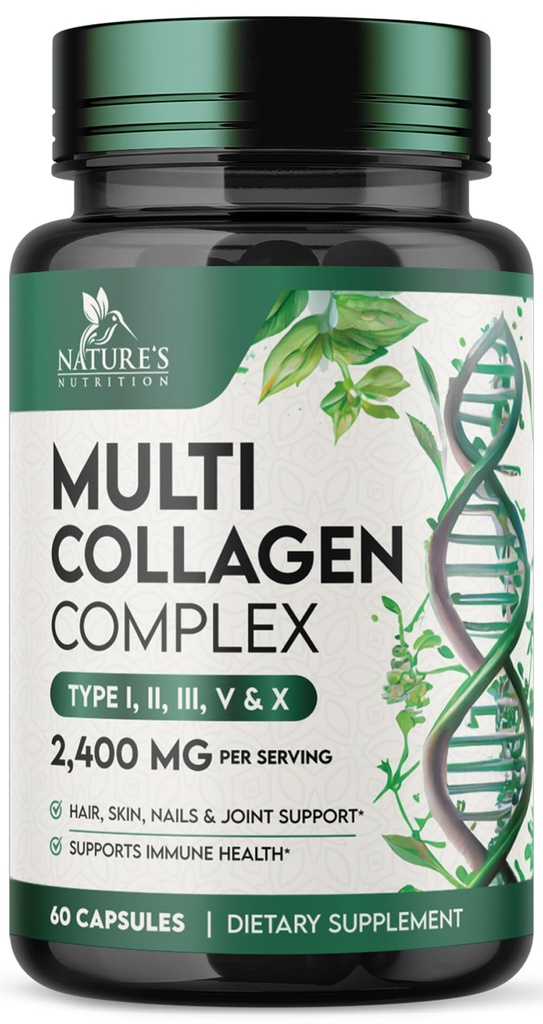 Multi Collagen Pills - Hydrolyzed Collagen Peptides Capsules for Women & Men - Types I, II, III, V, X Multi Collagen Complex - Hair, Skin & Nails Support Supplement - Bottled in the USA - 60 Capsules