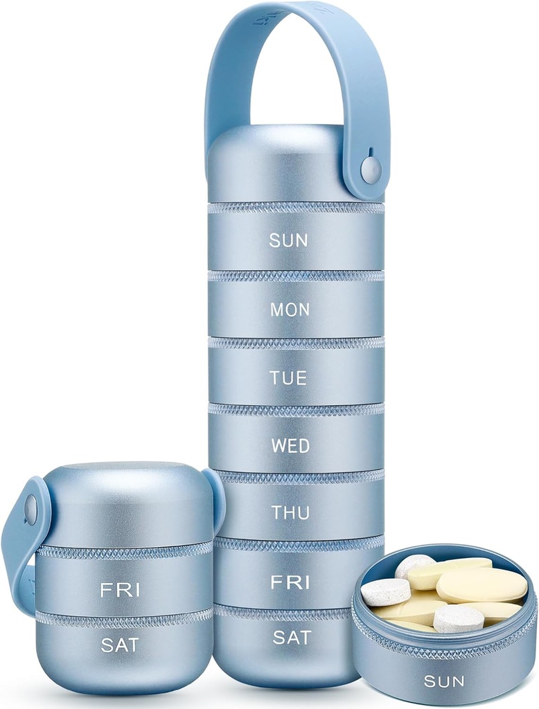 Zannaki Metal Weekly Pill Organizer, Grande Pill Box 7 Jour, Etanche Daily Pill Case avec poignée en silicone, Aluminium Portable Pill Holder Container pour Vitamine, Médecine, Supplément,Pills