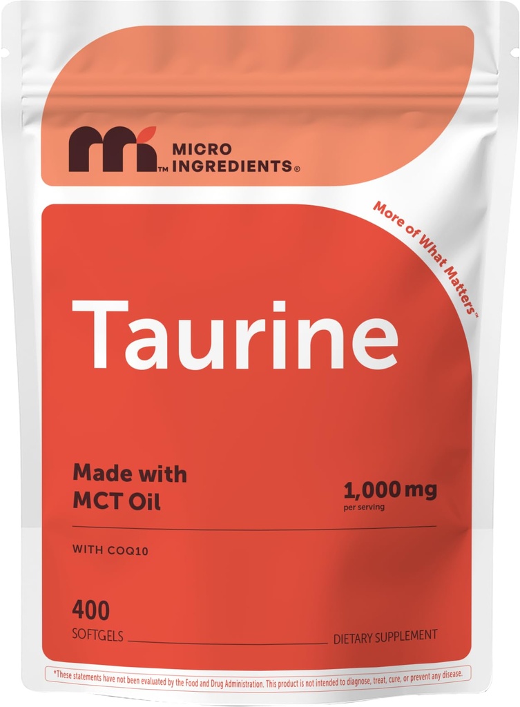 Micro Ingredients Taurine 1,000 mg Per Serving with Coq10 | Coenzyme Q10 Supplement with MCT Oil | 4+ Month Supply with 400 Softgels | Non-GMO