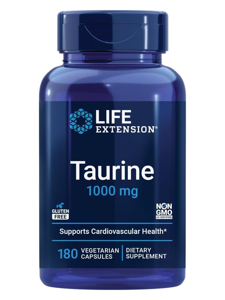 Life Extension Taurine, Pure Taurine Amino Acid Supplement, Heart, Liver and Brain Health, Longevity, Muscle and Exercise, 1000 mg, Non-GMO, Gluten-Free, Vegetarian, 180 Vegetarian Capsules