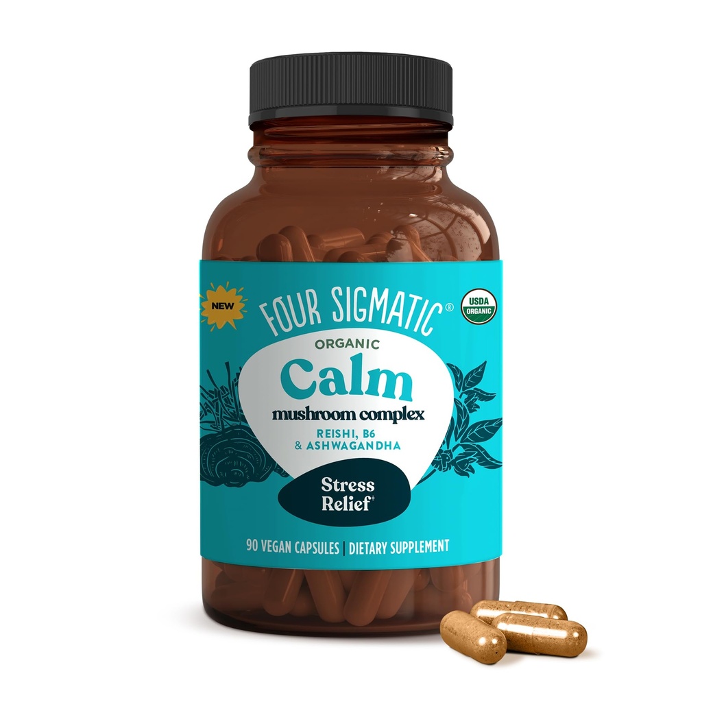 Quatre capsules calmantes sigmatiques. Supplément Vegan Stress Relief pour promouvoir l'humeur positive avec la poudre d'Ashwagandha biologique, champignons Reishi organiques, Tulsi (extrait de basilic saint), vitamine B6