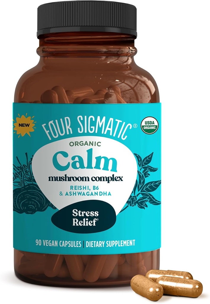 Quatre capsules calmantes sigmatiques. Supplément Vegan Stress Relief pour promouvoir l'humeur positive avec la poudre d'Ashwagandha biologique, champignons Reishi organiques, Tulsi (extrait de basilic saint), vitamine B6