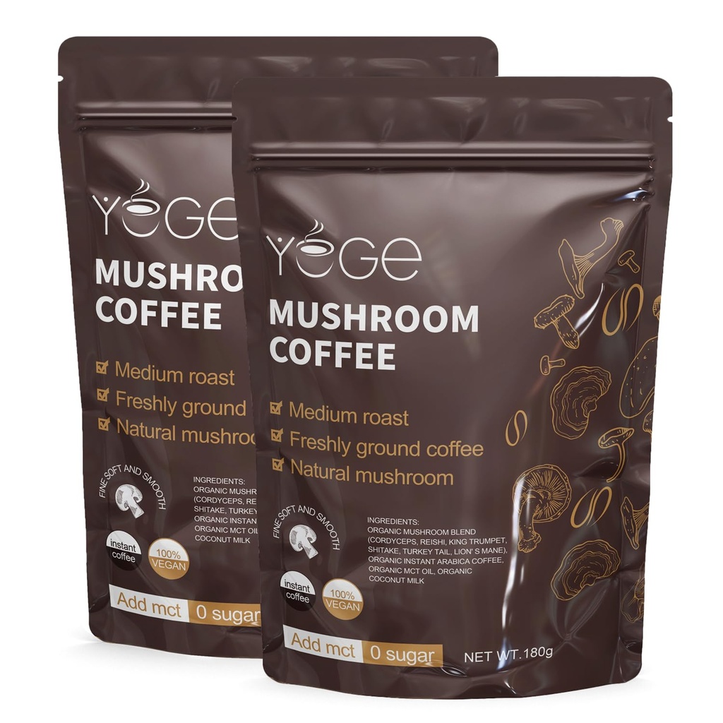 Mushroom Coffee, Instant Mushroom Coffee with Cordyceps, Reishi, King Trumpet, Shiitake, Turkey Tail, Lions Mane for Energy, Focus, Positive Mood & Immune Support (30 Servings)-2Pcs
