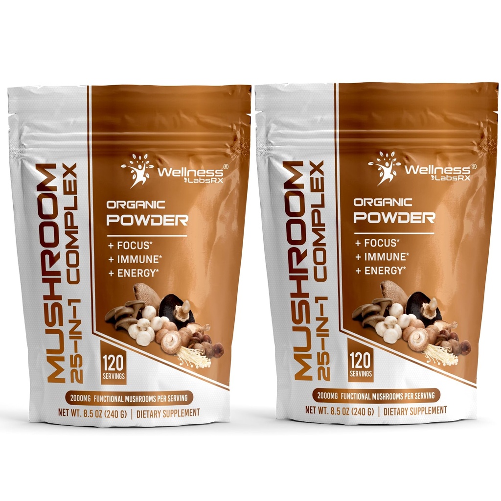 WELLNESS LABSRX Mushroom Powder, 25 in 1 Mushrooms Supplement - 2000mg, 25 Superfood Mishroom Lions Mane Powder with Chaga, Shiitake, Cordyceps, Reishi - Lion's Mane Mushroom - Pack of 2