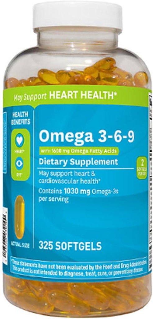 Omega 3-6-9 Supplément alimentaire (325 ct.) - Promouvoir la fonction visuelle et la santé des yeux - Soutenir le coeur, la santé cardiovasculaire, la peau saine, les cheveux et la santé globale (Omega 3-6-9)