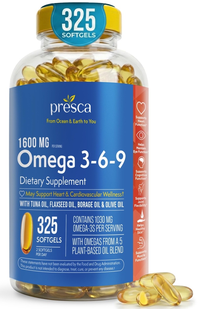 Omega 3-6-9 Supplément alimentaire (325 ct.) - Promouvoir la fonction visuelle et la santé des yeux - Soutenir le coeur, la santé cardiovasculaire, la peau saine, les cheveux et la santé globale (Omega 3-6-9)