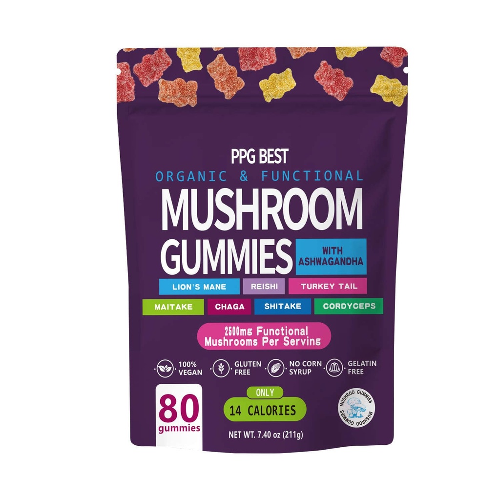 Organic & Functional Mushroom Gummies Supplement ASHWAGANDHA,REISHI,Turkey Tail MAITAKE, SHATAKE Chaga CORDYCEPS BOOSTS Cognitive,Performance Gluten Free,Vegan Low CARB,GUMMIES80