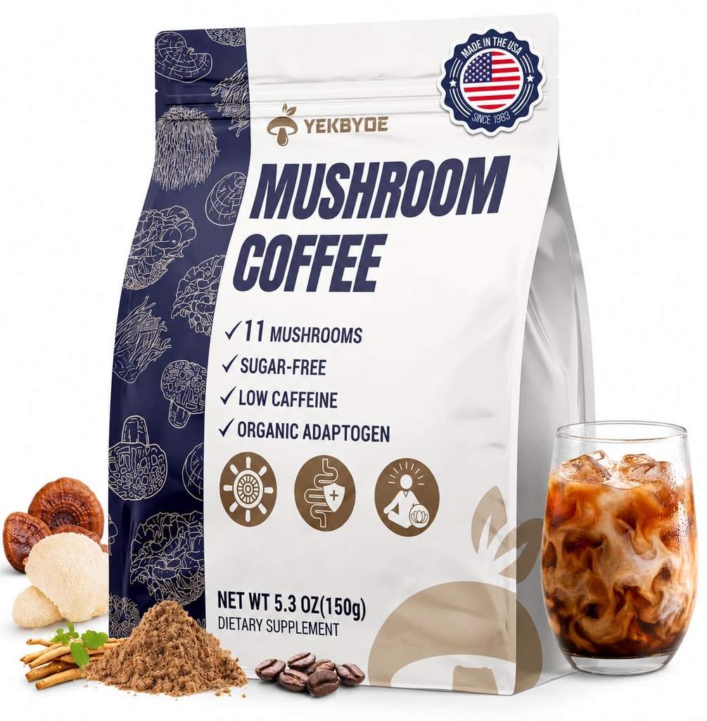 Mushroom Coffee, 11 Superfood Mushrooms includes Lion's Mane, Reishi, Chaga & Ashwagandha, Instant Mushroom Coffee Organic for Energy, Memory, Digestion & Detox, Low Caffeine & Sugar Free, 5.3oz