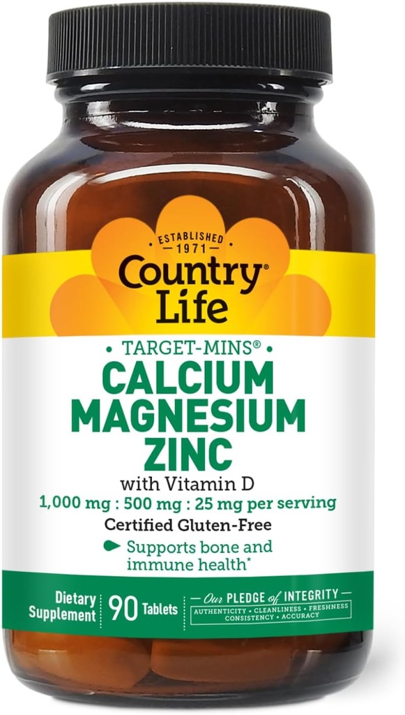 Country Life Calcium Magnésium Zinc avec vitamine D3 et acide L-Glutamique, supplément alimentaire pour le soutien des os, sans gluten certifié, 1000mg/500mg/25mg, 90 comprimés