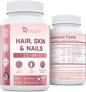 Peau de cheveux et ongles Vitamines avec biotine, collagène et acide hyaluronique, soutient la croissance des cheveux en santé, ongles forts et peau Glowing, supplément de biotine avec vitamines A, C, D3, E, B complexe et minéraux