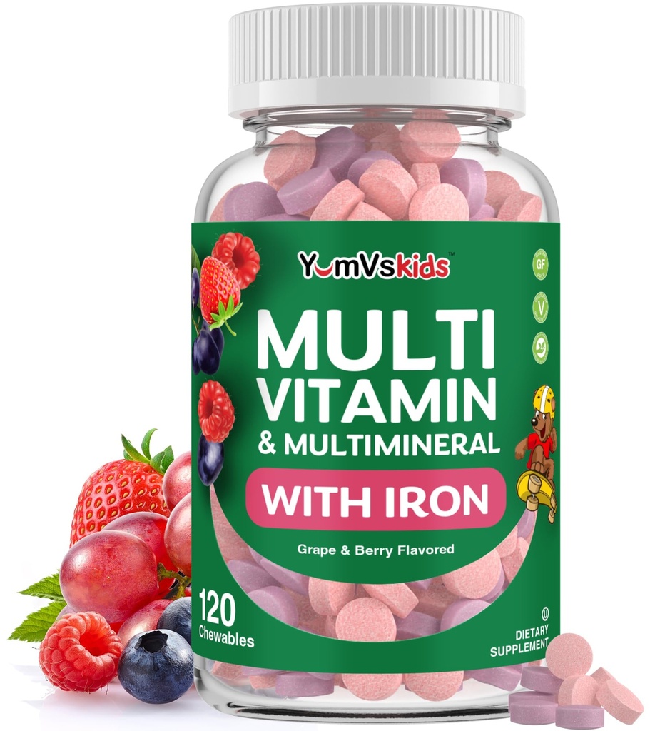 YumVs enfants Multivitamine avec fer et minéraux Comprimés à mâcher – Vitamines au raisin et aux fruits de mer pour les tout-petits et les enfants 2 ans et plus – Multivitamine quotidienne pour le soutien immunitaire – Casher, non-OGM – 120 Chewables