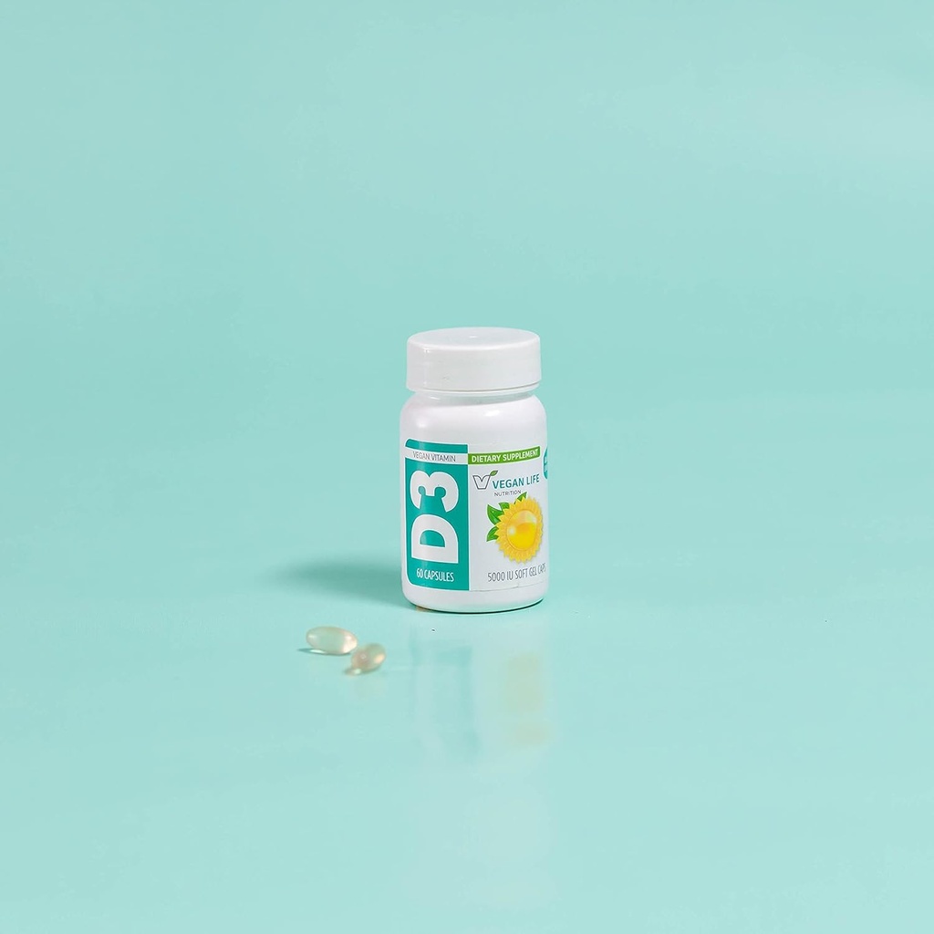 Vegan Life Nutrition - Vitamin D3 Daily Capsules for Adults (5000 IU) - Gluten-Free, Non-GMO, Supports Bone Health and Immune System - 60 Capsules