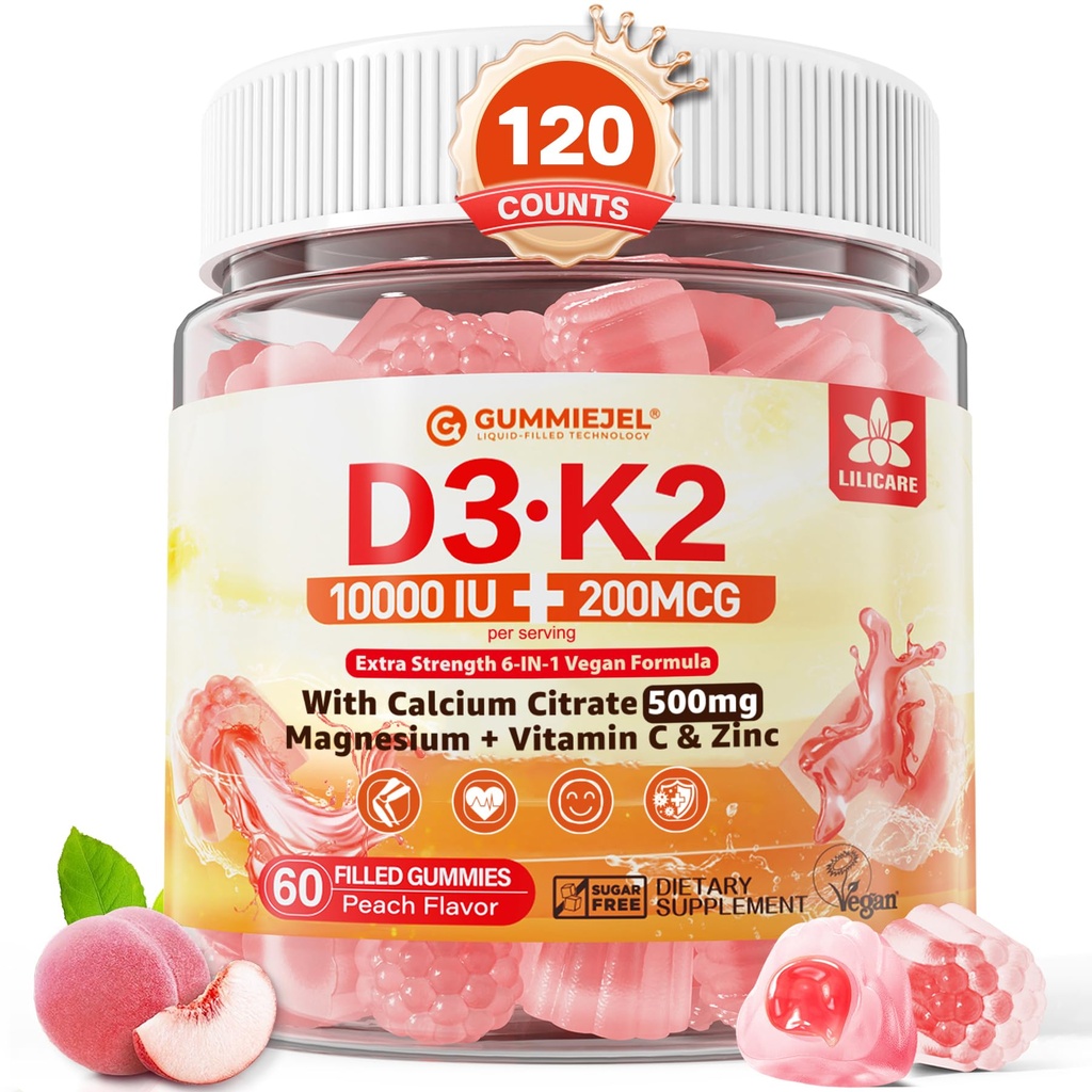 Vitamine D3 K2 Gommies remplies 5000UI / 10 000 UI avec 500mg Calcium + K2(MK-7) 200mcg, Magnésium, Vitamine C & Zinc, Extra Strength - Absorbance Ultime pour les muscles des os Dents, Vegan -- Pack de 2