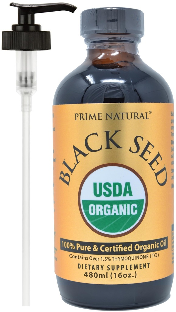 PRIME NATURAL Huile de graines noires organiques 16 oz - Thymoquinone élevée pressée à froid 1,7% Certifié USDA - Origine turque Potent Nigella Sativa Liquide - Oméga végétalien 3 6 9, Antioxydant