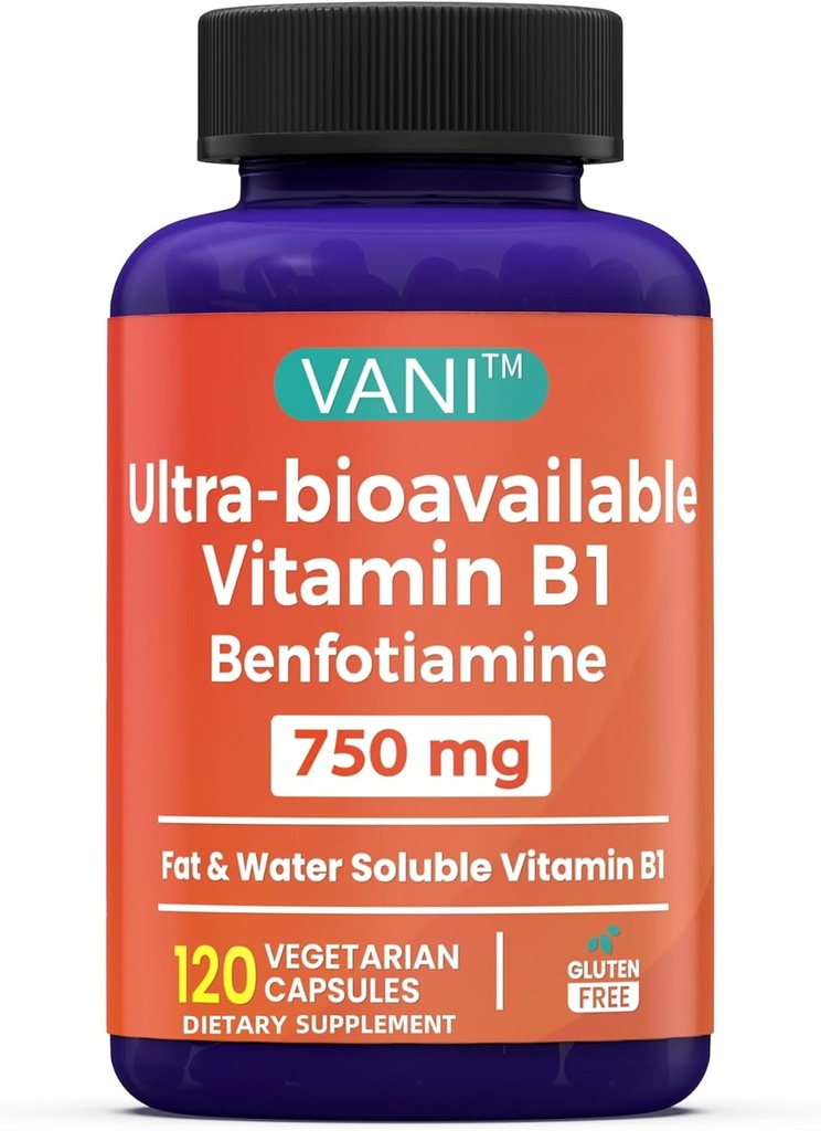 VANI 750MG Benfotiamine avec B1, 5X temps de graisse et de solvant d'eau Thiamine supplément B1 – tiers testé, sans gluten (120 capsules)