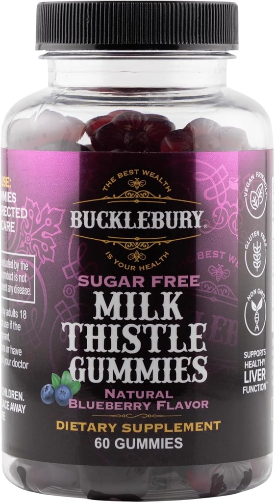 Bucklebury Thistle sans sucre Gommies 1000mg avec saveur de bleuet naturel - Vegan, sans gluten, sans OGM supplément de chardon naturel pour la santé du foie, l'immunité et le soutien antioxydant -60 Compte