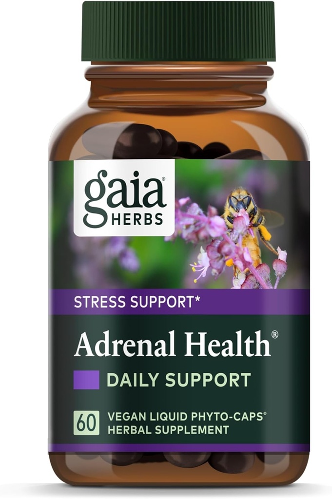 Gaia Herbs Adrenal Health Daily Support - Supplément à base de plantes avec Ashwagandha, Holy Basil & Schisandra - Aidez à maintenir des niveaux d'énergie et de stress sains* - 60 capsules de phytosules liquides véganes (approvisionnement de 60 jours)