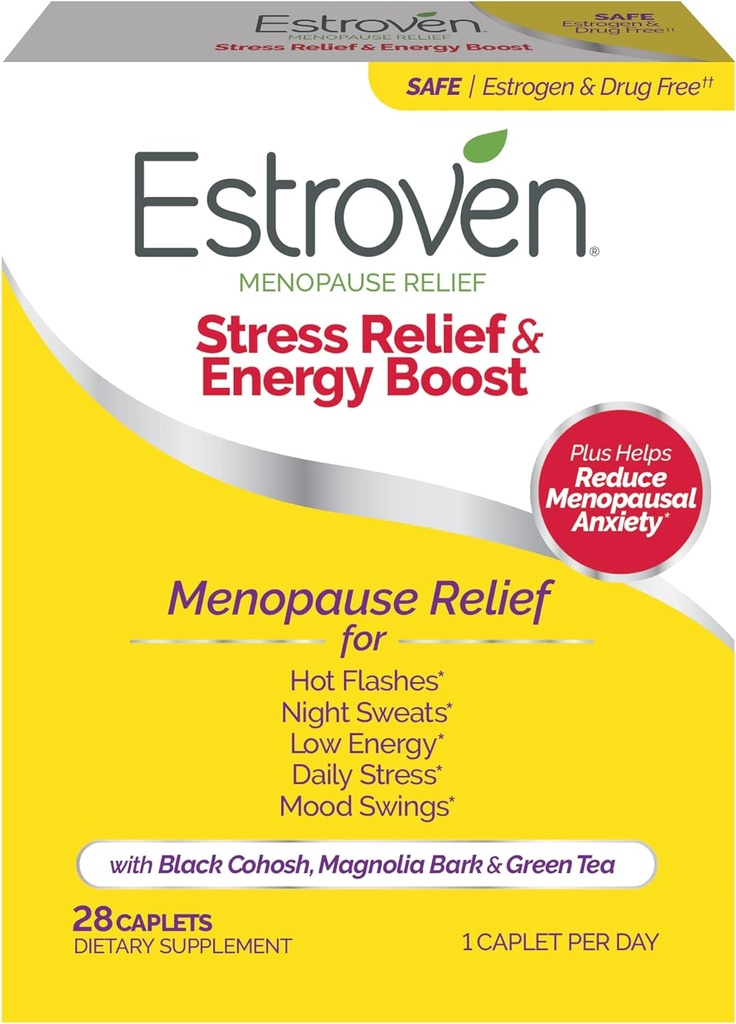 Estroven Stress Relief & Energy Relief for Ménopause Relief - 28 Ct. - Ingrédients prouvés cliniquement fournir un support de stress et d'énergie + Sweats de nuit & Flash Relief - Sans médicament et sans gluten