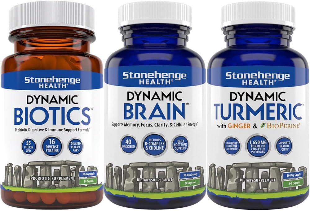 Stonehenge Health Dynamic Biotics Probiotic, Dynamic Brain, Dynamic Turmeric: Energy, Joints, Digestion, Soutien cognitif, Mémoire, Focus, et Clarity