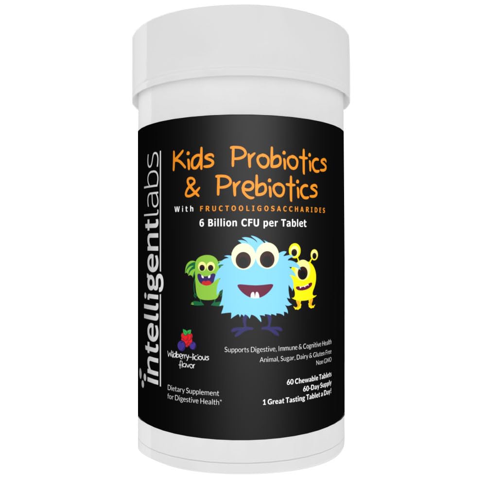 Laboratoires intelligents 6 milliards CFU Probiotiques pour enfants/enfants avec prébiotiques, fibre solaire et FOS, pour 10x Plus d'efficacité, un jour grand goût à croquer probiotique, 60 jours d'approvisionnement, tiers vérifié