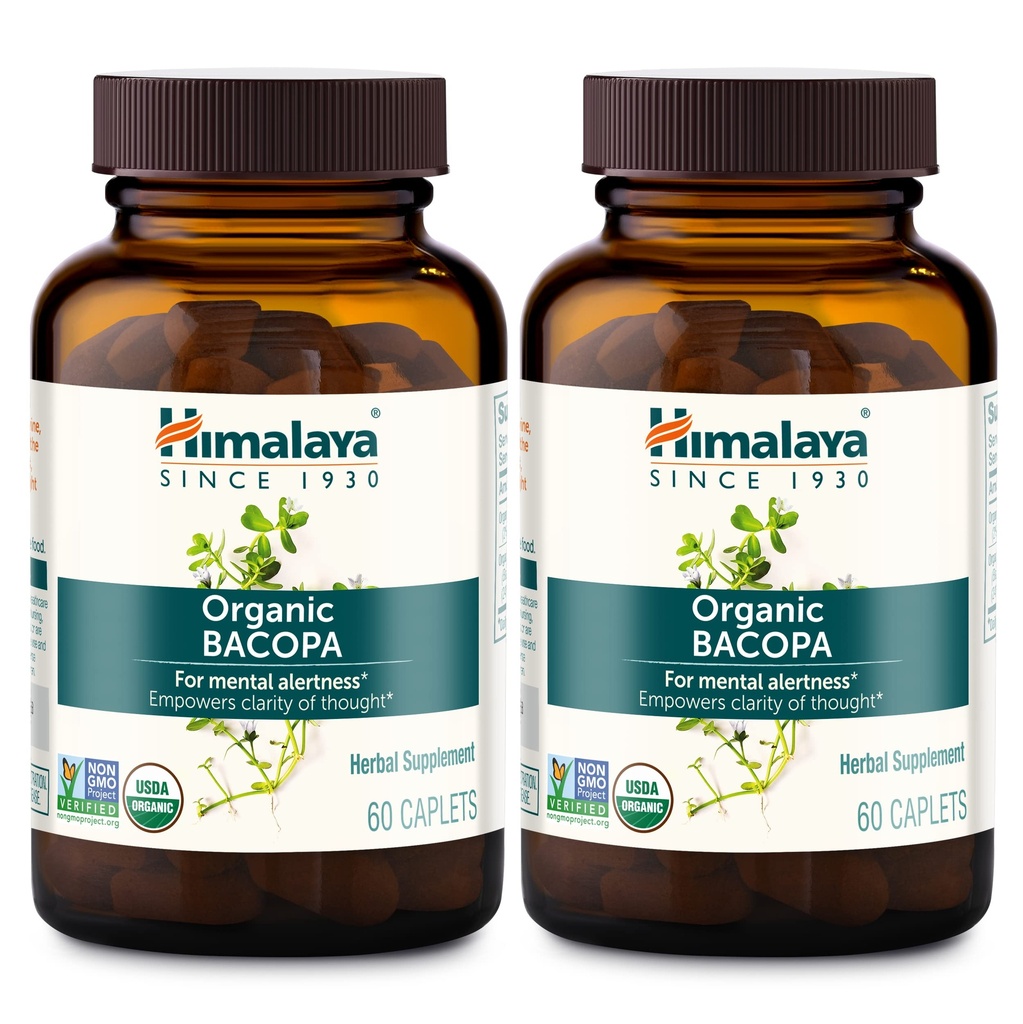 Himalaya Bacopa Monnieri Supplément à base de plantes nootropiques, alerte mentale, soutient le calme, la mémoire, la cognition, USDA Organique, non-OGM, 750 mg, 60 Caplets à base de plantes, 2 Pack, 120 Jours d'approvisionnement