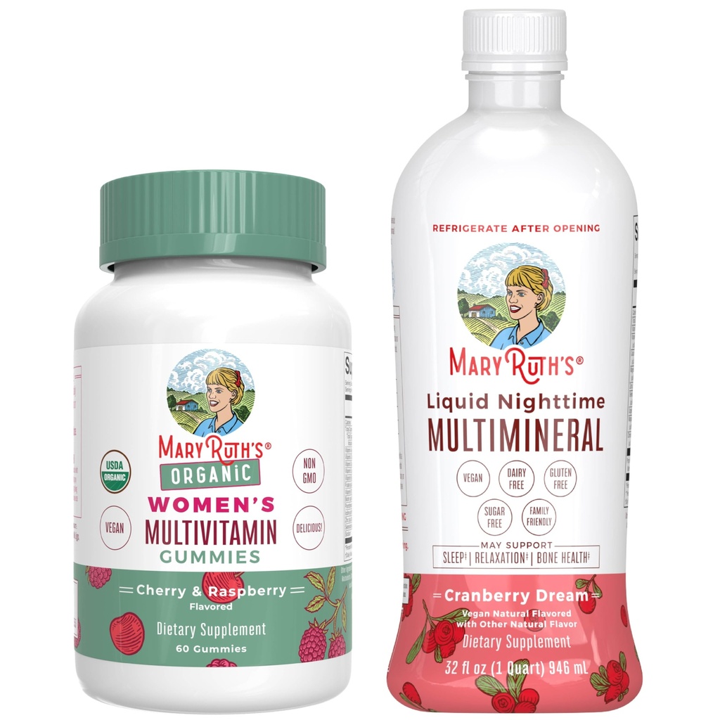 Gummies multivitamines de MaryRuth pour les femmes (Cherry & Raspberry) et liquide nocturne multiminérale (Cranberry) - Projet d'étiquette propre Vérifié® -Végétalien, non-OGM - Beauté, coucher, santé globale